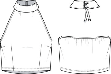 Women’s halter crop top technical flat sketch, fashion design template, garment construction drawing, apparel illustration with high neck, fitted silhouette, front and back