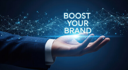 Boost Your Brand Concept: Businessman's Hand Holding Digital Network, Representing Innovation, Technology, and Business Growth for Marketing Success