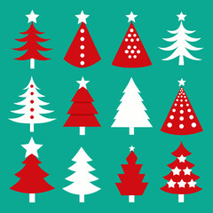 Obraz premium Collection of stylized christmas trees in red and white on a teal background