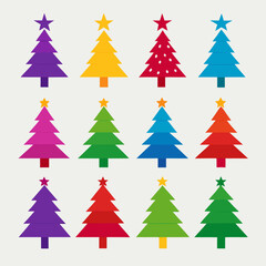 Obraz premium Collection of twelve colorful flat design christmas trees with stars