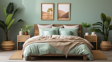 A serene and tastefully decorated bedroom featuring a wooden bed with mint green bedding and a neutral throw