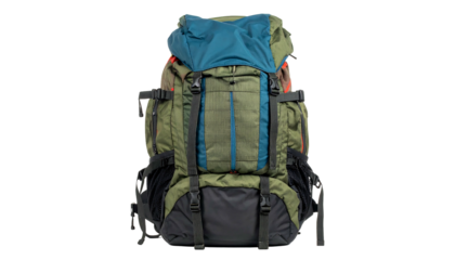 Large Green and Blue Hiking Backpack on White Background.
