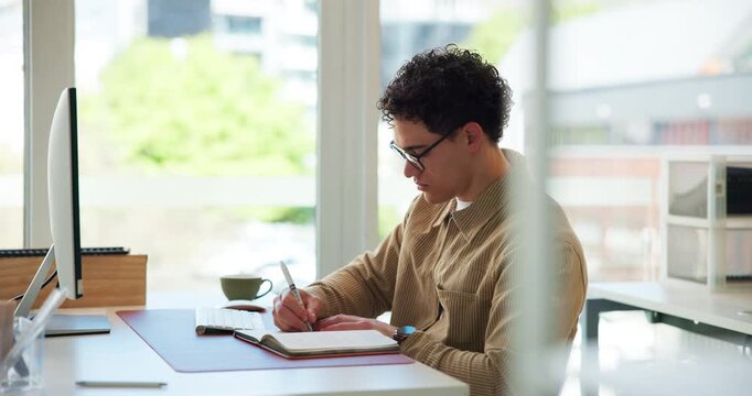 Writing, research or man in office with desktop, online feedback or editing script for client. Review, creative or copywriter in agency with notebook, blog or article idea for digital publication.