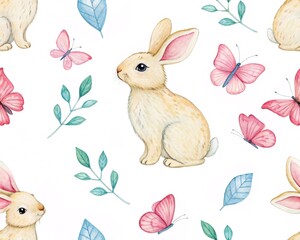 Adorable Watercolor Easter Bunny and Butterfly Pattern for Spring Celebrations