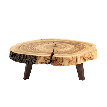 Circular wooden table crafted from a cross-section of a tree trunk with dark legs
