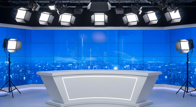 Modern television news studio with a central desk, blue screen background, and professional lighting.