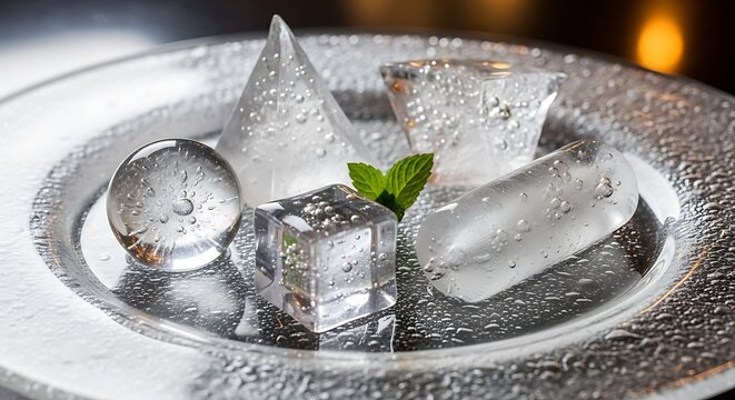 Assorted Ice Shapes on Silver Plate with Mint Garnish.