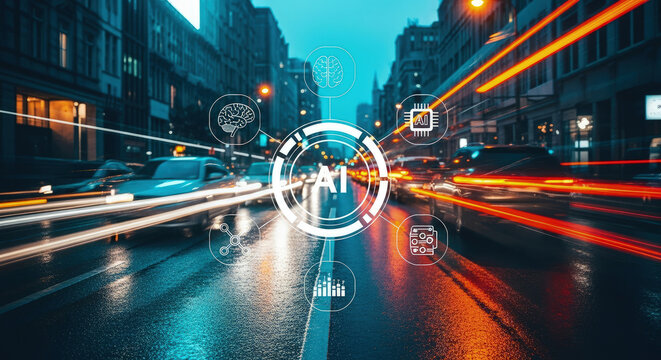 AI Technology Integration in Urban Mobility: Futuristic Cityscape with Artificial Intelligence Overlay on Traffic, Representing Smart Transportation