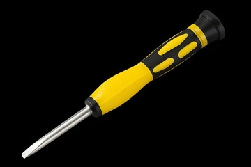 High-resolution image of a precision screwdriver with yellow and black handle, single isolated object, transparent background, realistic lighting.