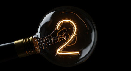 A glowing number two filament inside a vintage incandescent lightbulb, symbolizing a second idea, step two, or a new version