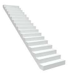 Isometric, all-white, minimalist staircase ascending on black background, with subtle shading