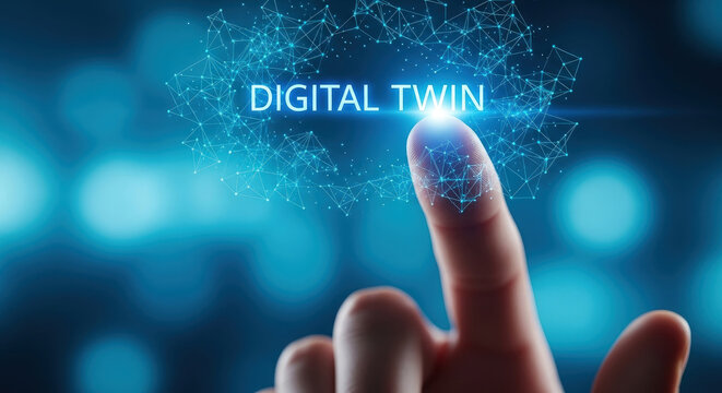 Digital Twin Technology Concept: Finger Touching Futuristic Interface with Network Nodes. Innovative Engineering, Virtual Reality and Data Visualization. - Powered by Adobe