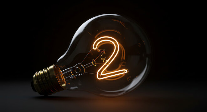 Illuminated number two inside a classic incandescent light bulb, representing a new concept, progression, or a secondary brilliant idea