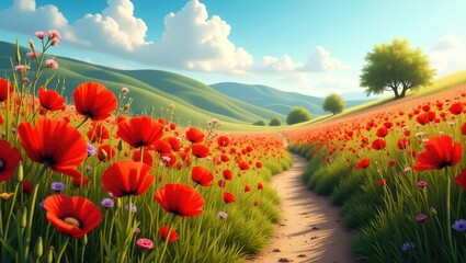 Beautiful scenic countryside landscape showcasing a field of vibrant red poppies alongside a winding path leading through the flowers.