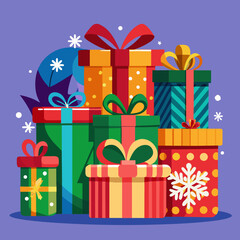 Vector art of pile of colorful gift boxes with ribbons and snowflakes for christmas time