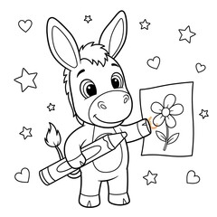 Cute Donkey Coloring a Flower - A Fun Activity for Kids.