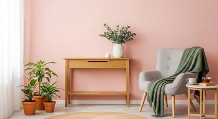 Stylish Minimalist Interior Design with Armchair, Plants, and Pink Wall Accent