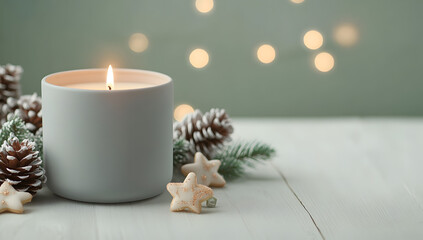 Beautiful Christmas background with pinecones and snow, light green color, white bokeh lights on the right side of the frame.