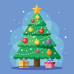 Vector art of christmas tree decorated with star, ornaments and gifts on blue background