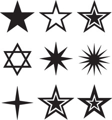 Obraz premium Star shape icon set vector illustration in black and white with nine unique designs including solid, outlined, multi-point and geometric star symbols