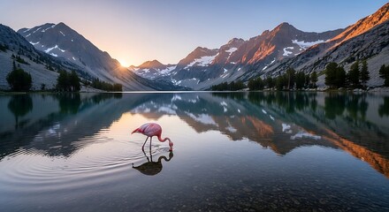 Flamingos Serene Reflection - A Mountain Lake Encounter at Dawn.