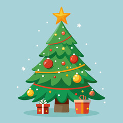 Vector art of christmas tree decorated with ornaments and gifts on a light blue background