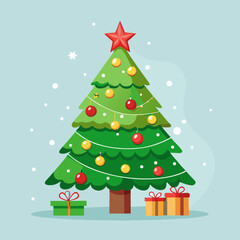 Vector art of decorated christmas tree with star, ornaments and gifts on light blue background