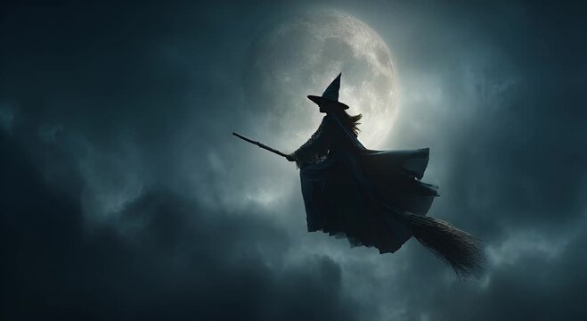 Halloween concept of a witch flying on a broomstick straight ahead headwind fluttering her clothes against the backdrop of a full moon and clouds floating past her.