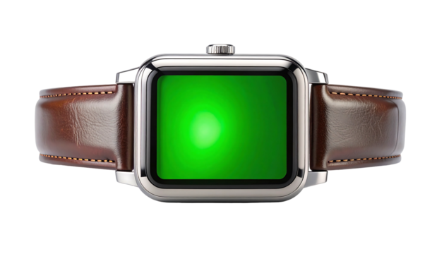 Modern Smartwatch with Green Screen Display and Leather Strap.