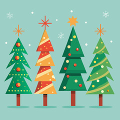 Obraz premium Vector art of four christmas trees with decorations and star on top on a light blue background