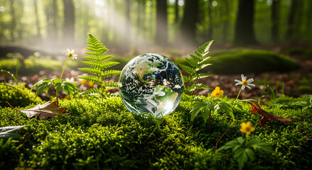 A fragile crystal globe of planet Earth resting on a lush green mossy forest floor with sunlight beaming through the trees.