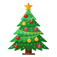 Obraz premium Vector art of cartoon christmas tree with red and gold balls