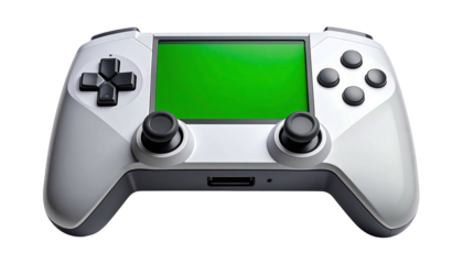 Modern video game controller with green screen display isolated on white background.