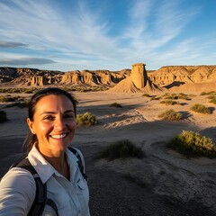 Womans Desert Adventure - Smiling in Bardenas Reales, Spain.