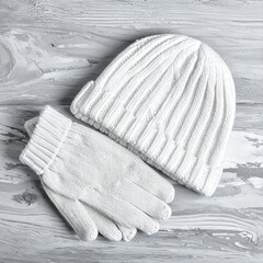 White knitted beanie and gloves on a wooden surface