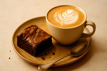 Cozy morning still life with latte and brownie on rustic ceramic plate