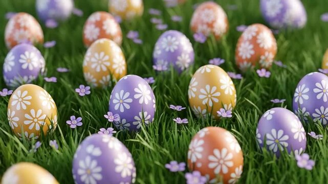 Colorful easter eggs scattered on green grass with flowers