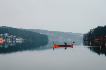 Viking boat with red sail and warrior on calm lake under misty sky.