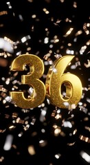 Golden Number 36 Celebration with Confetti on Black Background.