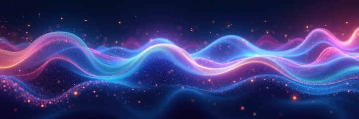 Dynamic abstract design features flowing, wavy, particle-based formations illuminated by vibrant gradients of pink, blue, and purple hues, with subtle glowing details creating an otherworldly,...