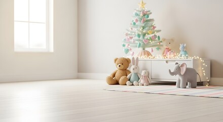 Festive Nursery Room with Christmas Tree and Plush Toys.