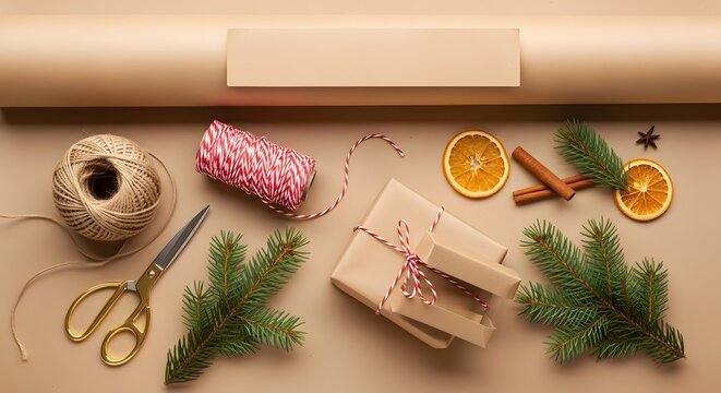 Festive Christmas Gift Wrapping Supplies and Decorations on Brown Surface.