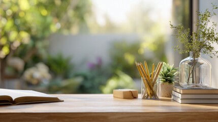 Sunny desk with open book pencils and green plants in natural light