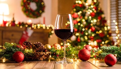 Festive wine glass by Christmas tree