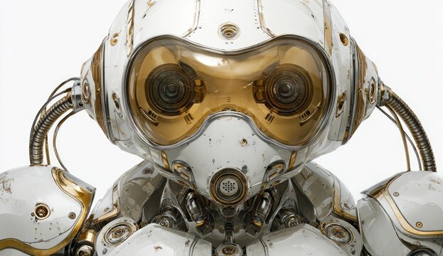 Close-up of a futuristic robot head and upper body