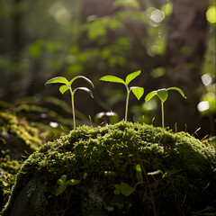 Young Saplings Emerging on Mossy Rock in Sunlit Forest environment 