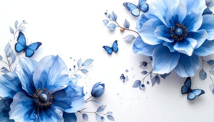 Watercolor illustration of blue flowers and butterflies on a white background