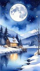 Watercolor painting of a snowy landscape with a full moon and cabin