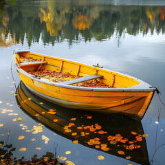 A Yellow Wooden Rowboat with Autumn Leaves on a Lake, boat on the lake, canoe on the lake