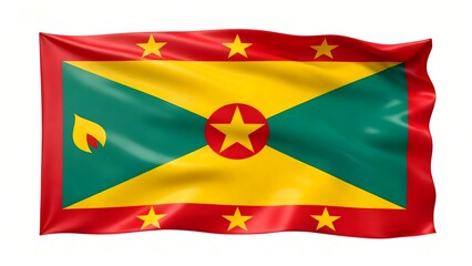 Photorealistic image of the flag of Grenada with a red field, a central yellow triangle, six yellow stars, and a red star in the upper-left corner. Isolated on a white background.